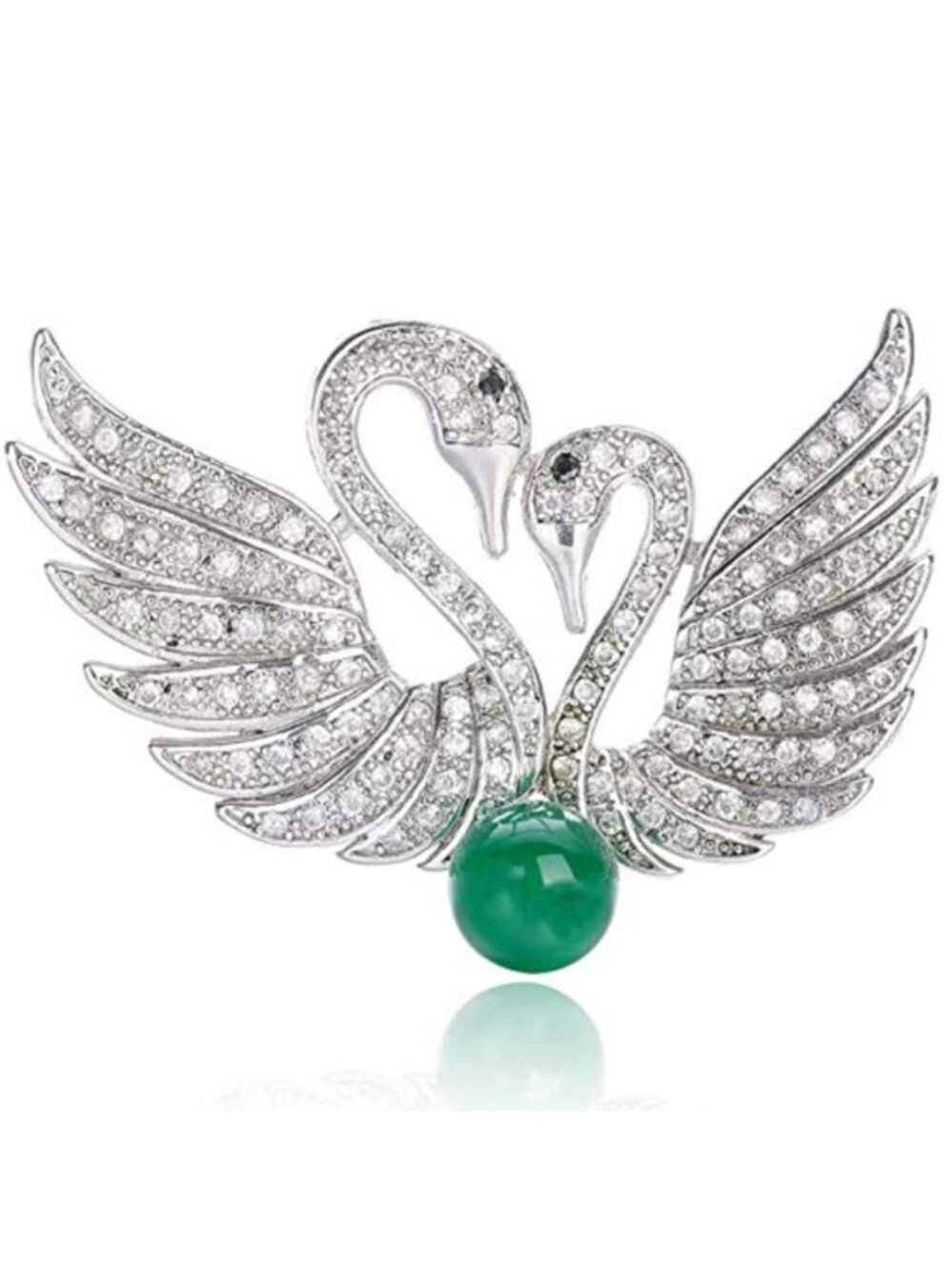 swan couple rhinestone & jade brooch / pendant